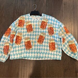 QUEEN OF SPARKLES Blue and White Beer Mug/ Oktoberfest Sweatshirt, Size XS